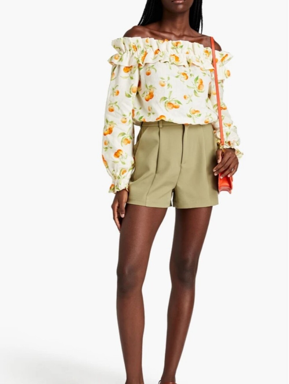 Cami NYC Cala Off The Shoulder Ruffle Crop Top with Orange Print Linen